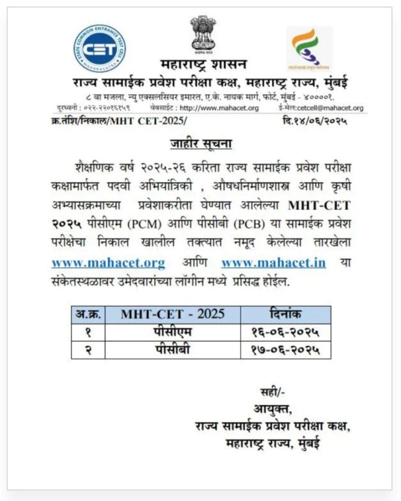 MHT CET Result 2025 Live